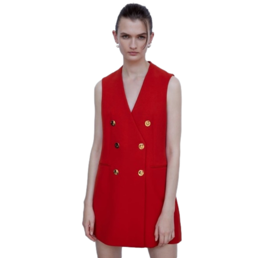 Zara Red Double-Breasted Sleeveless Blazer Dress